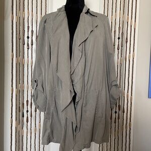 Chicos Ruffle Open Front Waterfall Duster Utility Jacket Chico’s Sz 3 (XL) Green